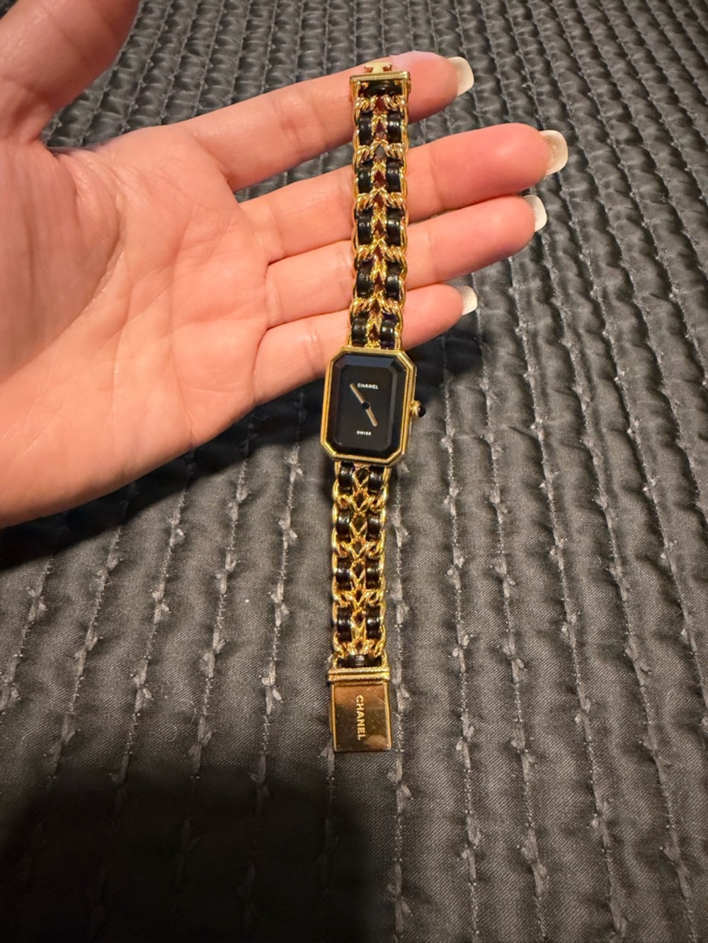CHANEL Gold and Black Chain-Link Bracelet Watch Strap